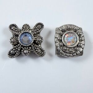 Antiqued Silver Tone Slide Charm Lot Bracelet Aqua Rhinestone AB Glass Spacer